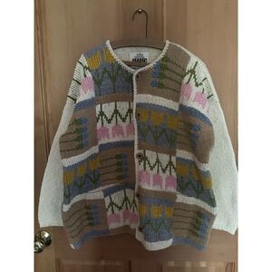Vintage Amano Wool Sweater Cardigan Patchwork Tulips Hand Knitted In Bolivia O/S